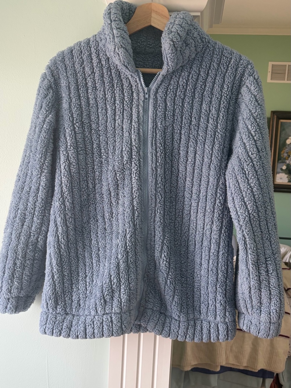 Cozy Plush Zip-Front Turtleneck Sweater Jacket - Light Blue